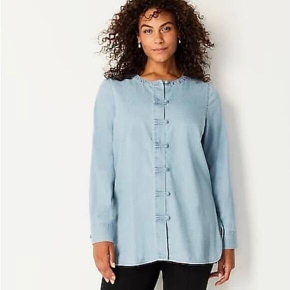 J. Jill Petite Denim Knot Button Long Sleeve Blouse Clarity Wash Petite XSP - Picture 1 of 12